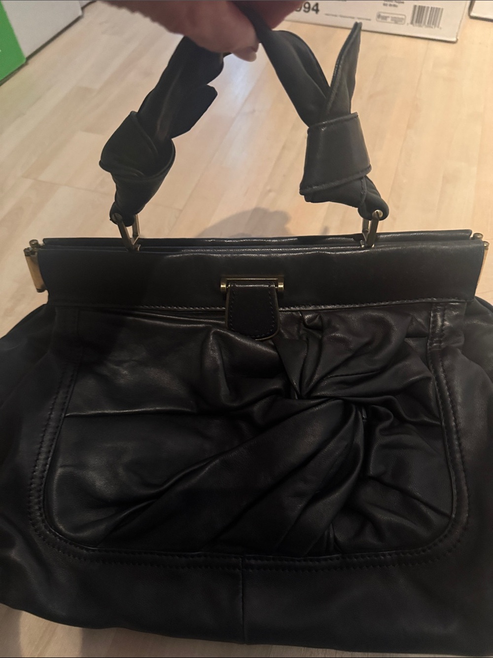 Vintage Ruched Black leather Shoulder Hobo Bag with Gold Accent